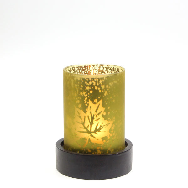Treetops - Ruby - Tealight / Votive Holder with Wooden Base - Leaf Design - Small