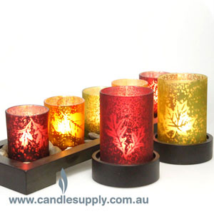 Treetops - Ruby - Tealight / Votive Holder with Wooden Base - Leaf Design - Small