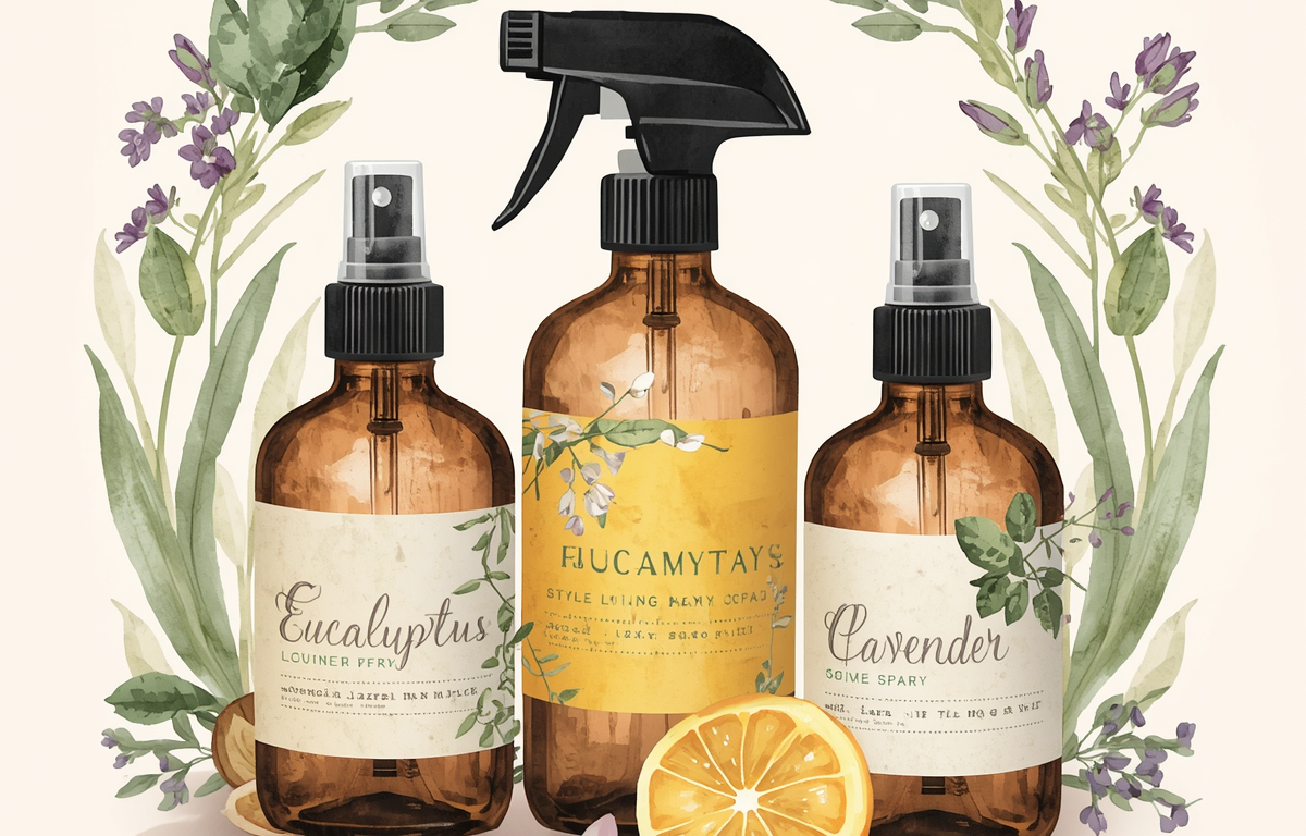 three amber spray bottles with flowers