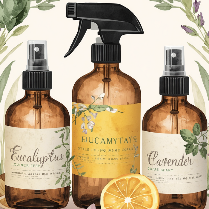 three amber spray bottles with flowers