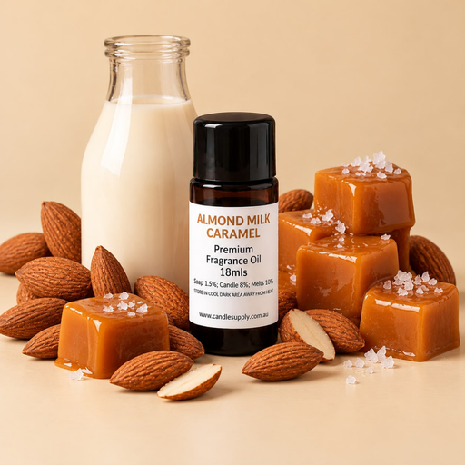 Almond Milk Caramel fragrance oil bottle with almonds, a bottle of milk and salted caramel pieces.