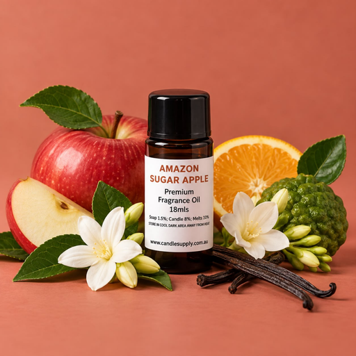 Amazon Sugar Apple fragrance oil bottle with red apple, orange, green citrus fruit, white flowers and vanilla pods.