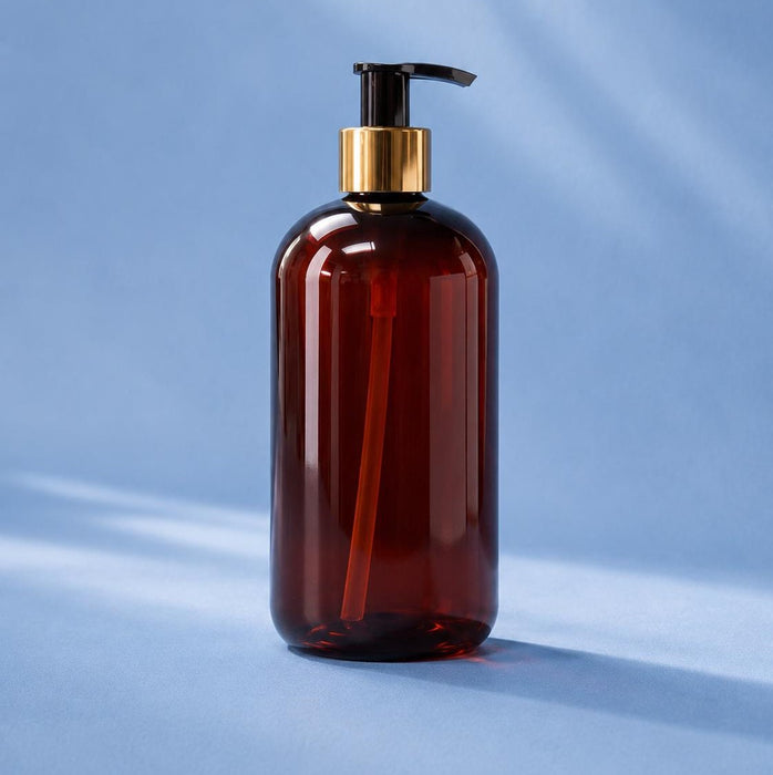 Amber PET Bottle - Boston Round - 500ml with Gold Pump
