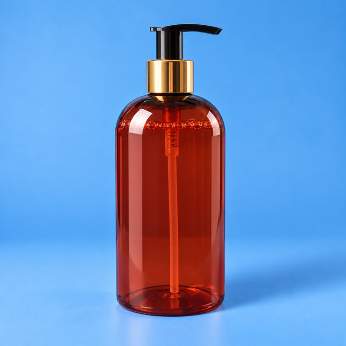 Amber PET Bottle - Boston Round - 500ml with Gold Pump