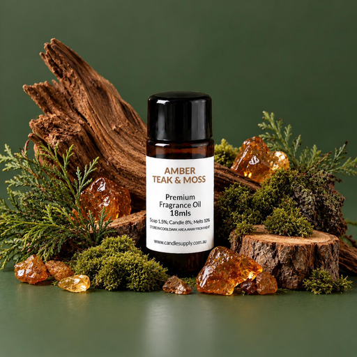 Amber Teak & Moss fragrance oil bottle with rough wood, a tree stump, green moss, leafy sprigs and amber-coloured chunks.