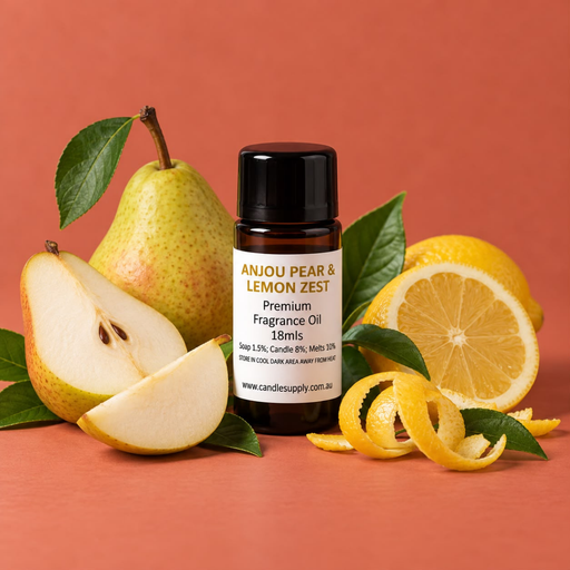 Anjou Pear & Lemon Zest fragrance oil bottle with whole and sliced pears, lemon halves and curled lemon peel.