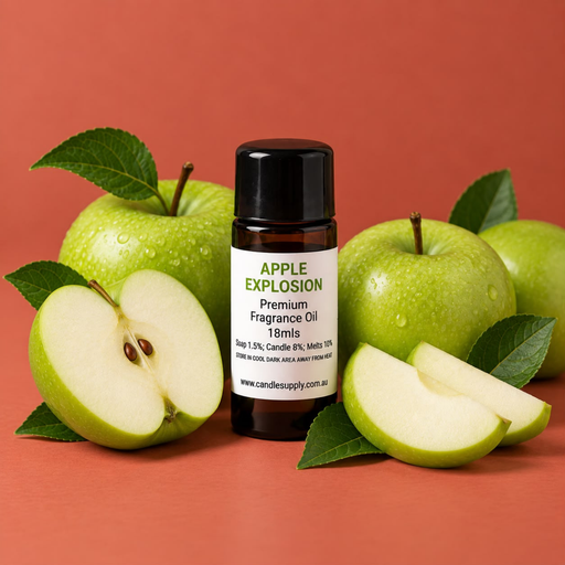 Apple Explosion fragrance oil bottle with whole and sliced green apples with green leaves.