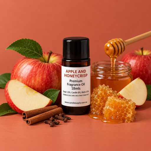 Apple and Honeycrisp fragrance oil bottle with red apples, a honey jar, honeycomb, cinnamon sticks and cloves.