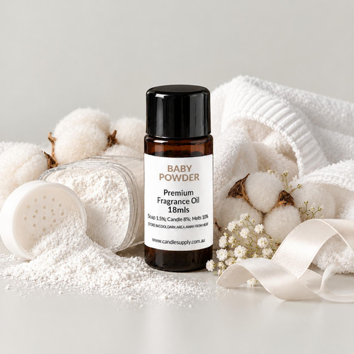 Baby Powder fragrance oil bottle with a tipped powder jar, scattered white powder, cotton bolls, white knitted fabric and ribbon.