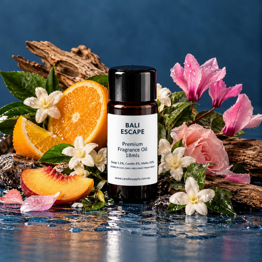 Bali Escape fragrance oil bottle with orange and peach slices, pink and white flowers, green leaves and driftwood on a wet surface.