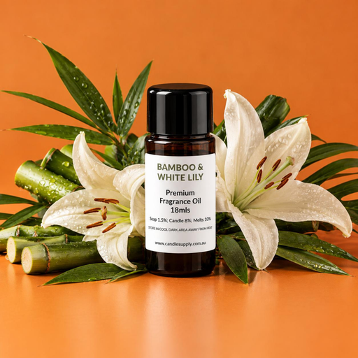 Bamboo & White Lily fragrance oil bottle with cut green bamboo stems, leafy branches and large white lilies.