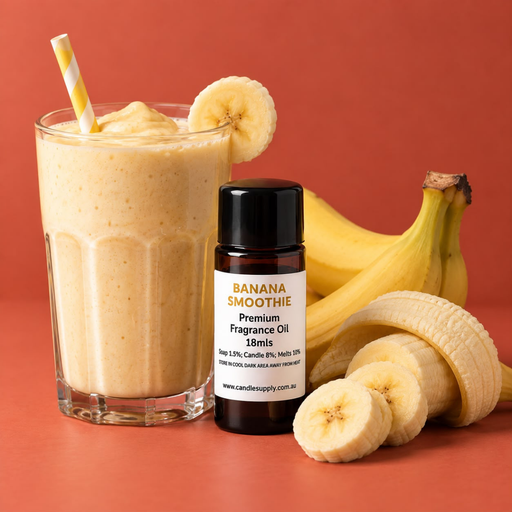 Banana Smoothie fragrance oil bottle with a glass of banana smoothie, whole bananas and banana slices.