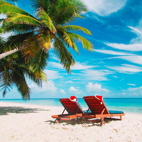 Two beach chairs with Santa hats under a palm tree on a tropical beach.