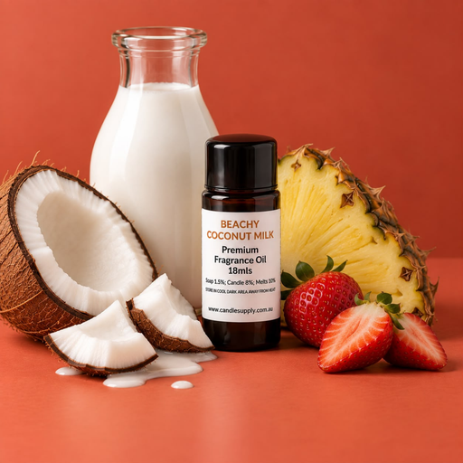 Beachy Coconut Milk fragrance oil bottle with coconut halves, a bottle of milk, pineapple and strawberries.