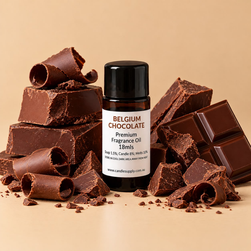 Belgium Chocolate fragrance oil bottle with chocolate chunks, squares, curls and crumbs.