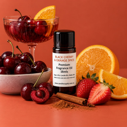 Black Cherry & Orange Spice fragrance oil bottle with dark cherries, orange slices, strawberries and cinnamon.