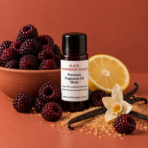 Black Raspberry Sugar fragrance oil bottle with dark berries, brown sugar, a lemon half, vanilla pods and a white flower.