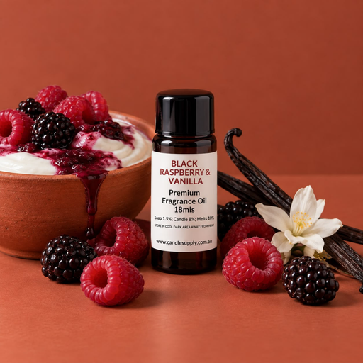 Black Raspberry & Vanilla fragrance oil bottle with red and dark berries, a creamy berry dessert, vanilla pods and a white flower.