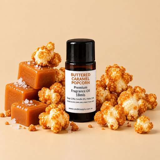 Buttered Caramel Popcorn fragrance oil bottle with caramel-coated popcorn and salted caramel pieces.