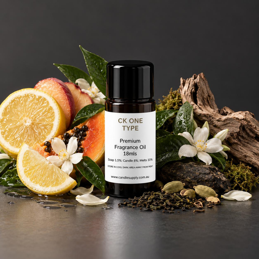 CK One Type fragrance oil bottle with lemon slices, peach, white blossoms, green leaves, moss, wood and scattered spices.
