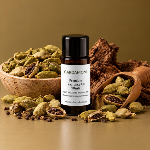 Cardamom fragrance oil bottle with green cardamom pods, exposed dark seeds, a ceramic bowl, wooden scoop and rough wood.
