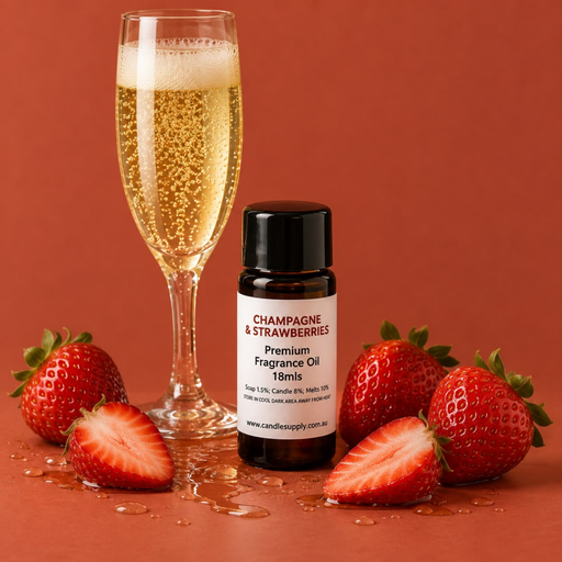Champagne & Strawberries fragrance oil bottle with a flute of bubbly champagne and whole and halved strawberries.