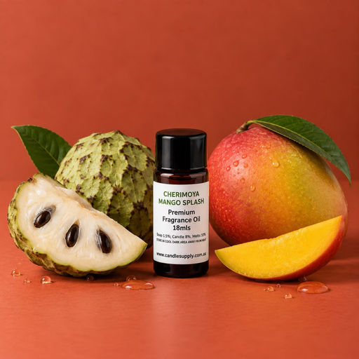 Cherimoya Mango Splash fragrance oil bottle with whole and cut cherimoya fruit and a sliced mango.