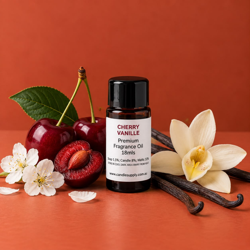 Cherry Vanille fragrance oil bottle with whole and halved dark cherries, vanilla pods and white flowers.
