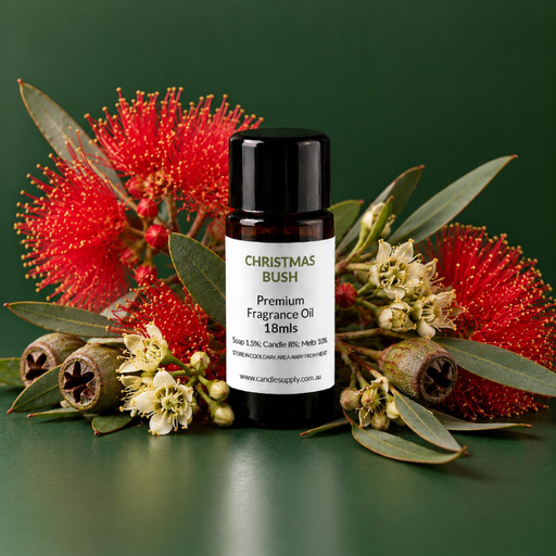 Christmas Bush fragrance oil bottle with red brush-like flowers, small cream blossoms, gum nuts and narrow green leaves.