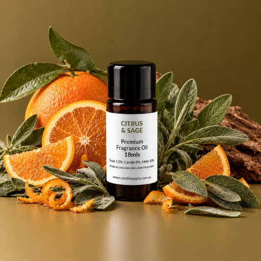 Citrus & Sage fragrance oil bottle with whole and sliced oranges, curled orange peel, sage leaves and pieces of wood.