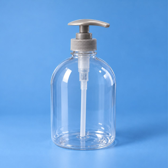 Clear PET Bottle - Short Boston Round - 500ml with Grey Pump