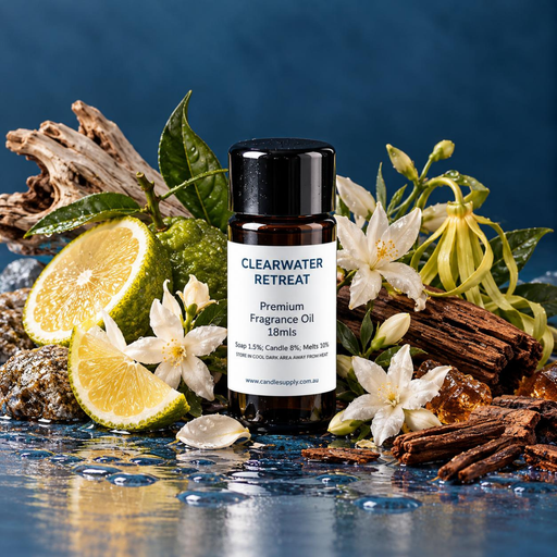 Clearwater Retreat fragrance oil bottle with green citrus fruit, white and yellow flowers, driftwood and stones on a wet blue surface.