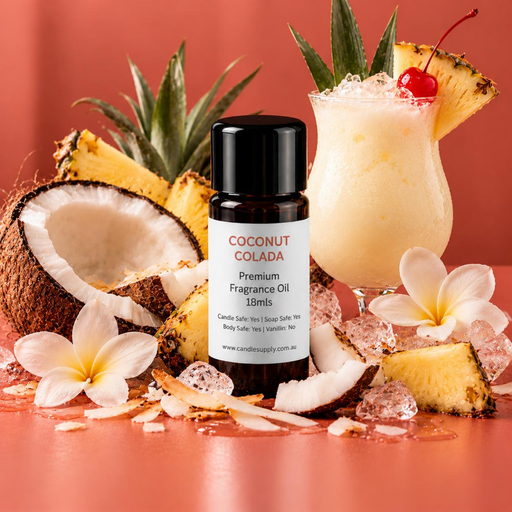 Coconut Colada fragrance oil bottle with a creamy tropical cocktail, coconut halves, pineapple wedges, ice and frangipani flowers.