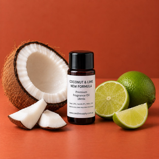 Coconut & Lime New Formula fragrance oil bottle with a coconut half, coconut pieces, a whole lime and lime wedges.