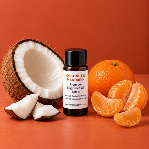 Coconut & Mandarin fragrance oil bottle with a coconut half, coconut pieces and whole and peeled mandarin.