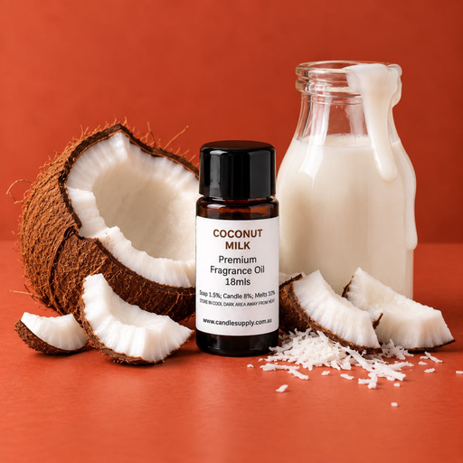 Coconut Milk fragrance oil bottle with a coconut half, coconut pieces, shredded coconut and a glass bottle of milk.
