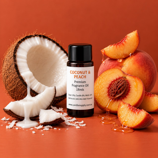 Coconut & Peach fragrance oil bottle with a coconut half, coconut pieces, shredded coconut and whole and sliced peaches.
