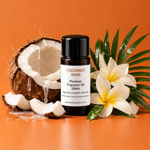 Coconut Rain fragrance oil bottle with a coconut half, coconut pieces, white and yellow frangipani flowers and tropical leaves.