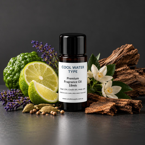 Cool Water Type fragrance oil bottle with green citrus fruit, lavender sprigs, cardamom pods, white flowers and rough wood.