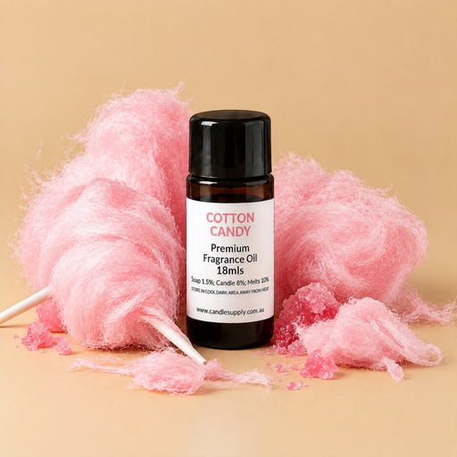 Cotton Candy fragrance oil bottle with fluffy pink fairy floss on sticks.