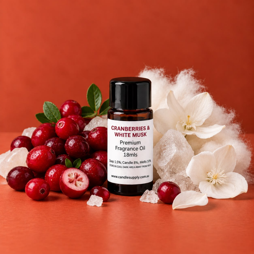 Cranberries & White Musk fragrance oil bottle with red cranberries, green leaves, white flowers and fluffy white fibres.