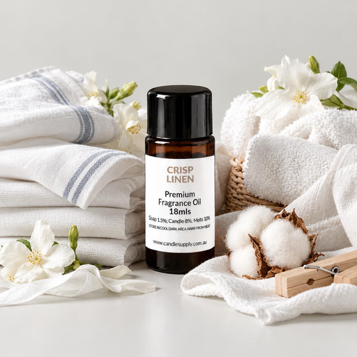 Crisp Linen fragrance oil bottle with folded white linen, rolled towels, cotton bolls, white flowers and wooden clothes pegs.