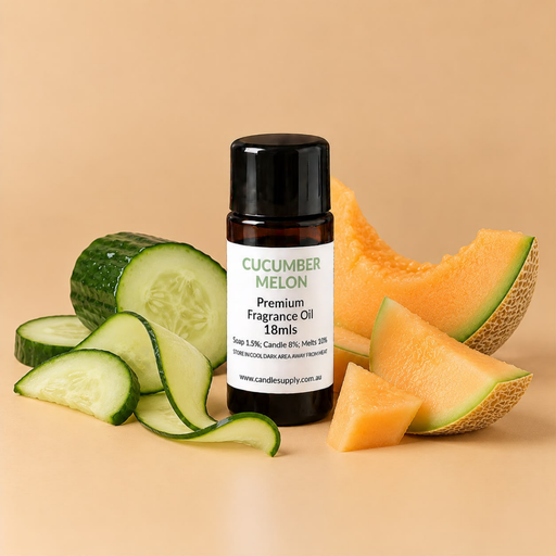 Cucumber Melon fragrance oil bottle with sliced cucumber, cucumber ribbons and orange-fleshed melon wedges.