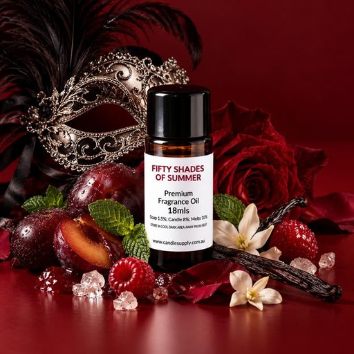 Fifty Shades of Summer fragrance oil bottle with a feathered masquerade mask, red rose, plums, berries, vanilla pods and petals.