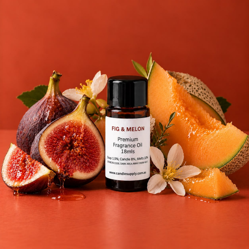 Fig & Melon fragrance oil bottle with whole and halved purple figs, orange-fleshed melon wedges and white flowers.