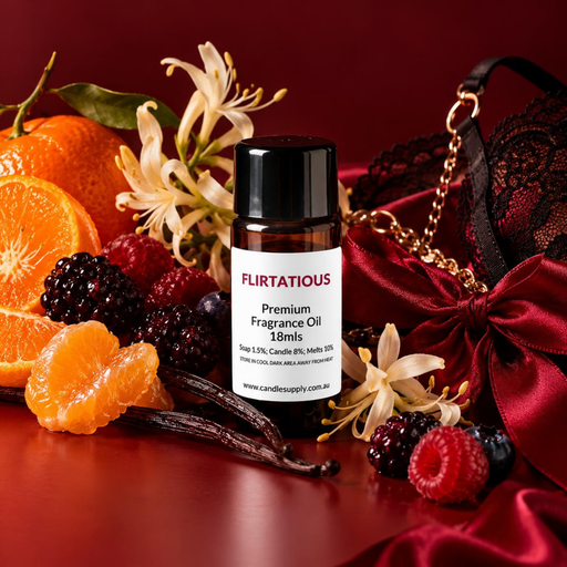 Flirtatious fragrance oil bottle with mandarin, berries, pale flowers, vanilla pods, red satin and a black lace accessory.