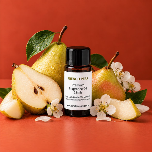 French Pear fragrance oil bottle with whole and sliced pears, green leaves and white blossoms.