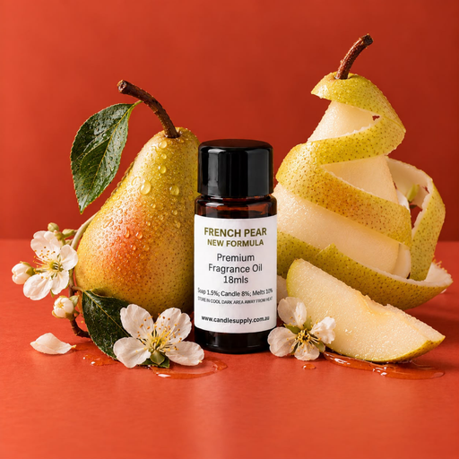 French Pear New Formula fragrance oil bottle with a whole pear, a spiral-peeled pear, pear slices and white blossoms.
