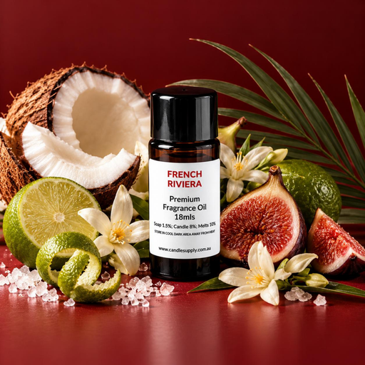 French Riviera fragrance oil bottle with coconut, lime slices, figs, white flowers, tropical leaves and scattered salt crystals.