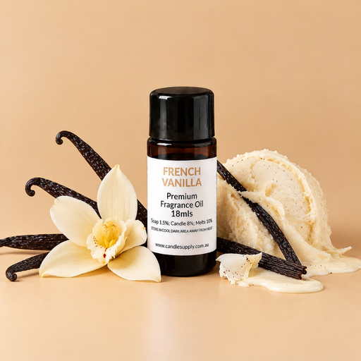 French Vanilla fragrance oil bottle with vanilla ice cream, dark vanilla pods and a white vanilla flower.